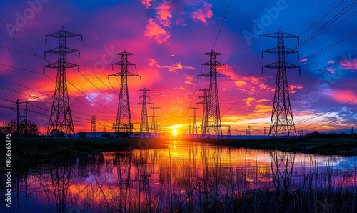 Electricity transmission towers, sunset, beautiful, twilight, a breathtaking scene of towering electricity pylons silhouetted against a vibrant sunset sky