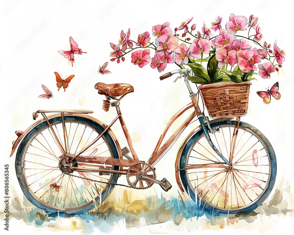 Delicate  watercolor of a bicycle adorned with a bouquet of Phalaenopsis orchids and fluttering butterflies, depicted on a white background, themed around a whimsical French aroma