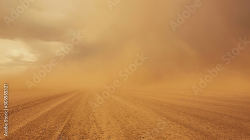 Vast desert engulfed by a massive, swirling sandstorm under a dramatic orange sky. photo