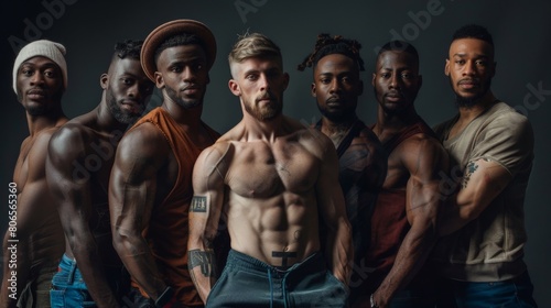 Group of diverse men, each with a story told through their skin, standing confidently in a studio environment