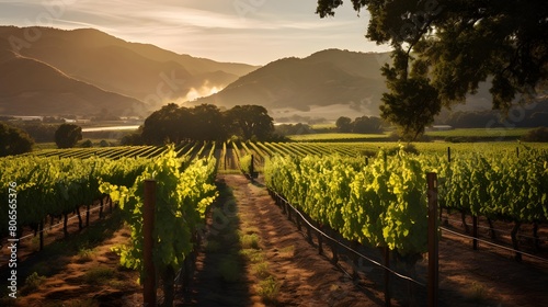 panoramic view of vineyard in the morning light with mountains in the background