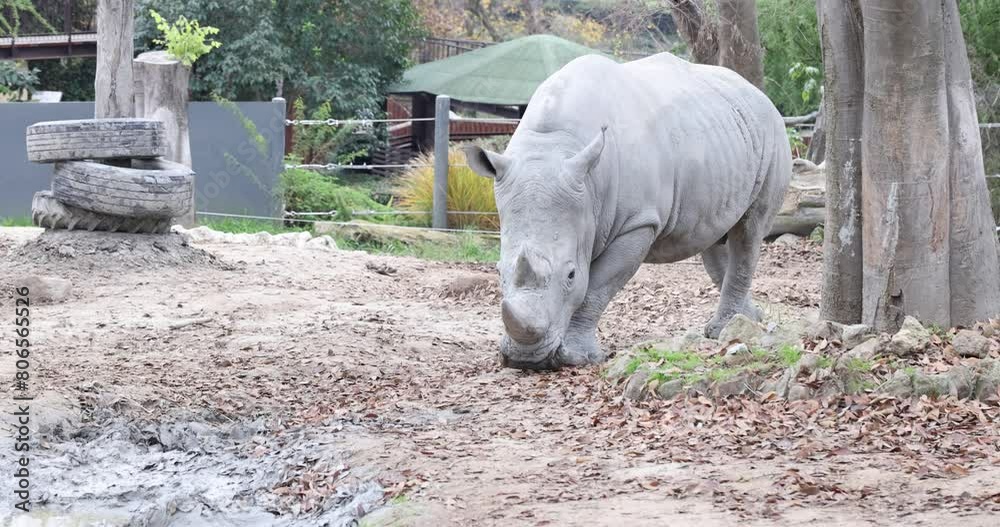 Large rhinoceros walks in the enclosure of a zoo in Italy Large rhinoceros walks in the enclosure of a zoo in Italy
