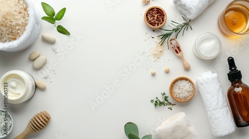 Wallpaper Mural Flat lay of natural skincare and wellness products with green leaves and organic materials on a clean white background. Torontodigital.ca