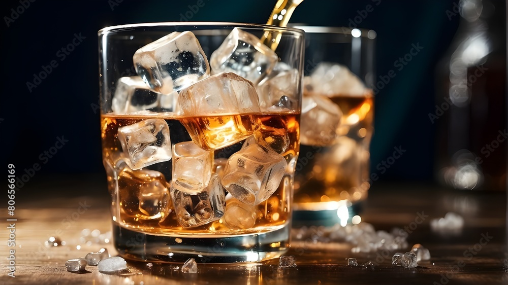 A close-up of a glass filled with ice cubes and a fizzy soda poured over them A close-up of a glass filled with ice cubes and a fizzy soda poured over them