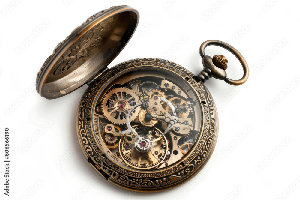 A mechanical pocket watch with its cover open