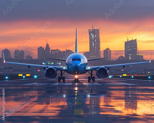 Blue airplane on the runway against background of modern city skyscrapers, The airplane is ready for take off and fly to travel at sunset time Commercial photo in the style of hype