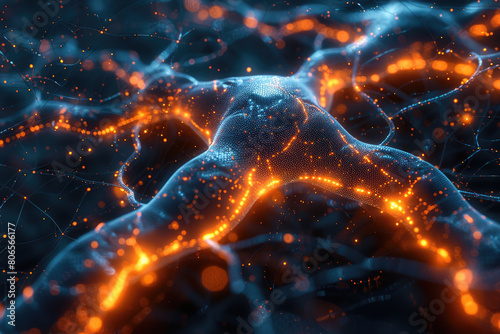  A digital artwork depicting an intricate network of glowing connections, representing the complexity and depth within data technology against a dark blue background. 
