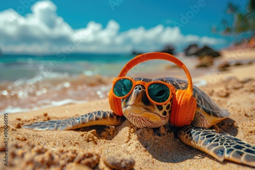 Turtle with headphones relaxing on the beach listening to music, in a happy and relaxed mood Colorful orange headphones Beautiful sunny day in Hawaii, High resolution photography.