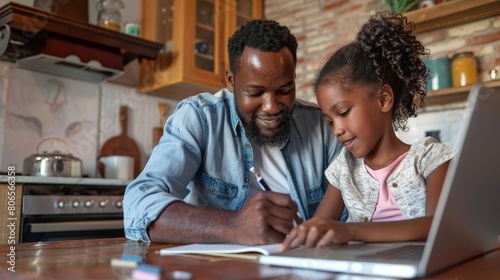 An engaged father helping his daughter with homework at the kitchen table, showing patience and guidance