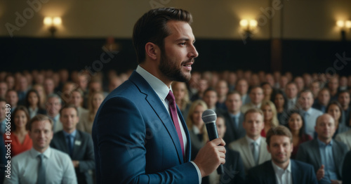 Businessman Professional Holding a Microphone  Speaking in Front of a Large Conference Audience