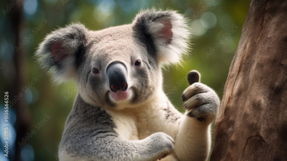 Obraz premium Portrait of friendly koala making thumbs up.
