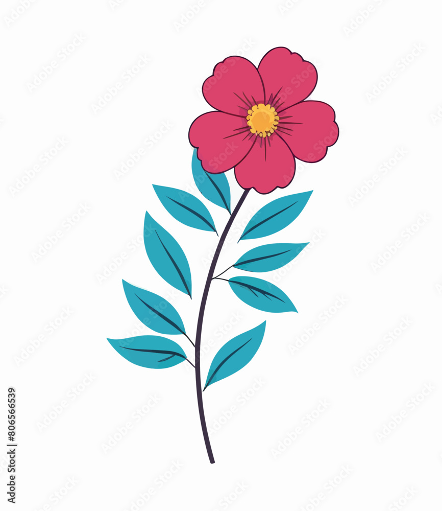 a pink flower with green leaves on a white background