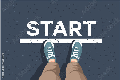 Start. man with a sneakersis standing next to line and word START 