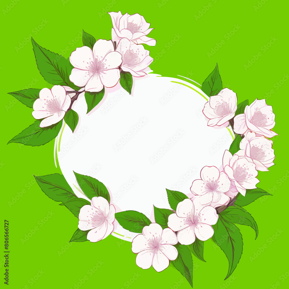 a green background with white flowers and leaves