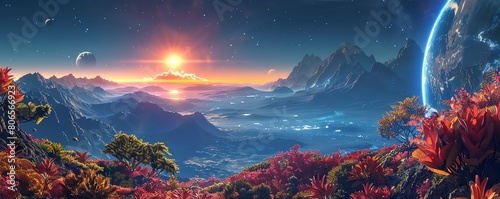 The image is a beautiful landscape of another planet