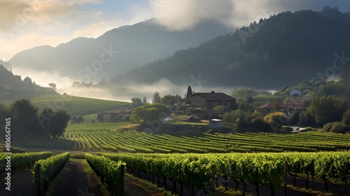 panoramic view of a vineyard in the morning with fog