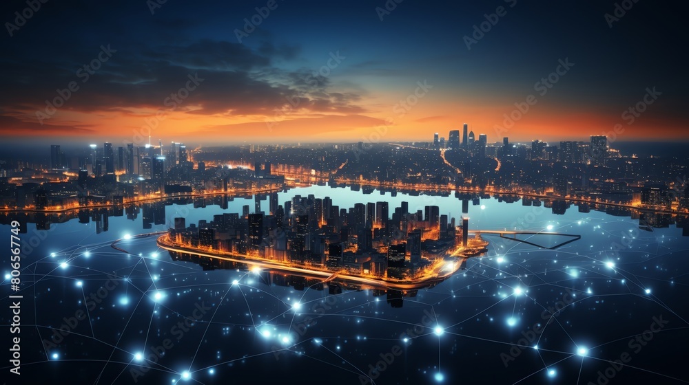 Cityscape, worldwide web threads, network connectivity, twilight, tech concept