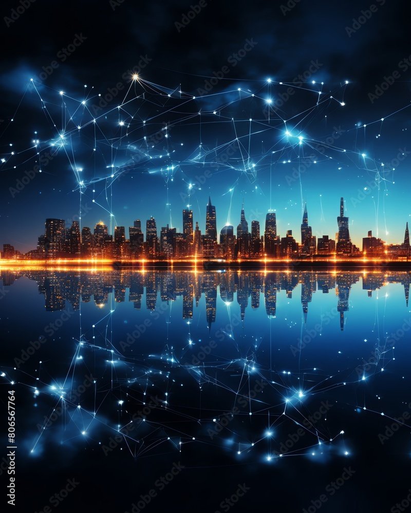 Cityscape with glowing web lines, night, worldwide network concept, digital horizon