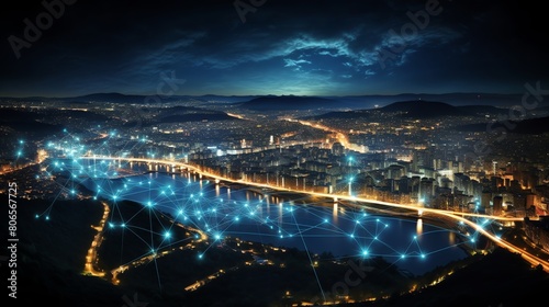 City with digital web, network connections, night, global communication concept © AlexCaelus