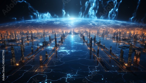 Cyber world Earth  glowing crypto paths  wide angle  futuristic digital finance