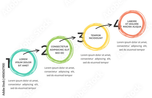 Hand drawn infographic template with four elements for your text circles and arrows, vector eps10 illustration