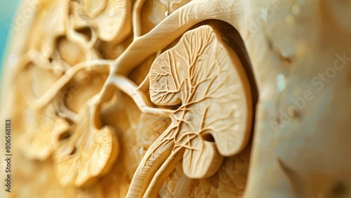 A 3D rendering of a human kidney made of wood. photo