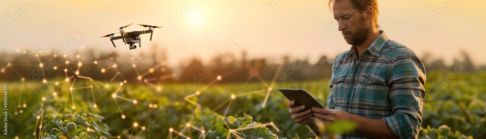 A farmer is using a digital tablet and drone to monitor his soybean crop. A farmer is using a digital tablet and drone to monitor his soybean crop.