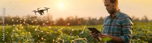 A farmer is using a digital tablet and drone to monitor his soybean crop.