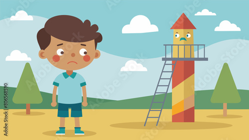 A child at the playground staring in fear at the tall anxiety amplifier in the distance amplifying their worries about making friends and being.