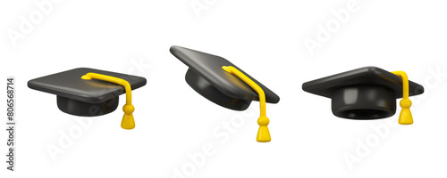 Graduate cap vector 3d icon set. Square academic hat in simple style isolated on white background. Cartoon education design element collection, Oxford cap with tassel