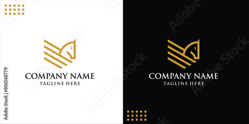 Pegasus logo outline with shield monoline logo, horse and wings icon vector.
