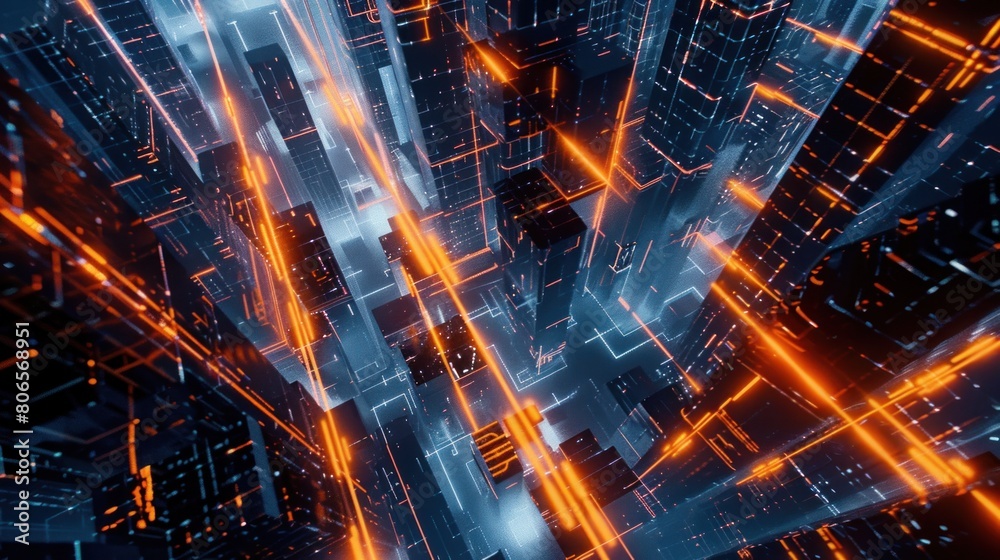 futuristic cityscape with shining holographic blocks, Abstract Cube Background