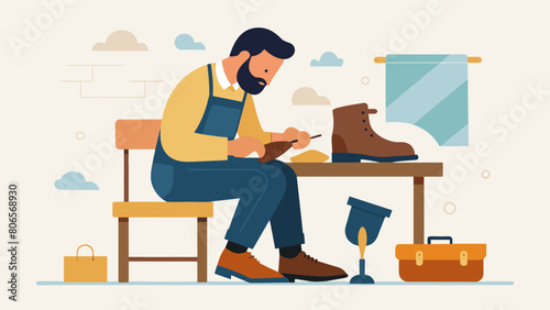 The shoemaker sits at his bench patiently stitching together a pair of leather boots his mind focused solely on his craft.. Vector illustration