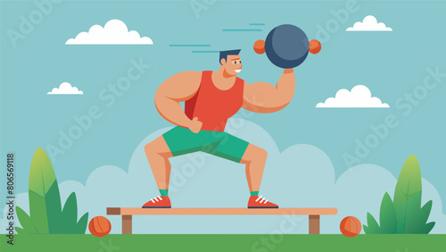 A weightlifter balancing on a wooden beam their strength and agility on display as they hold onto a heavy medicine ball in an open field.. Vector illustration