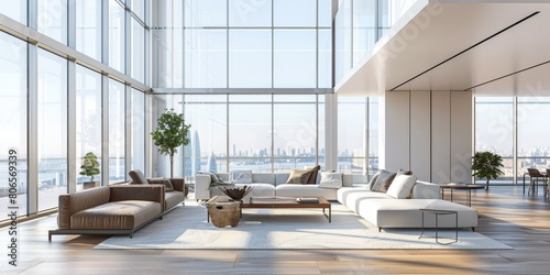 a stock image showcasing a sleek, minimalist living room adorned with plush furnishings and floor-to-ceiling windows flooding the space with natural light