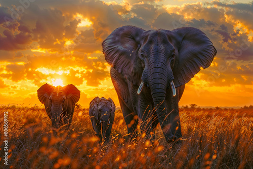 Elephants walking through savanna at sunset