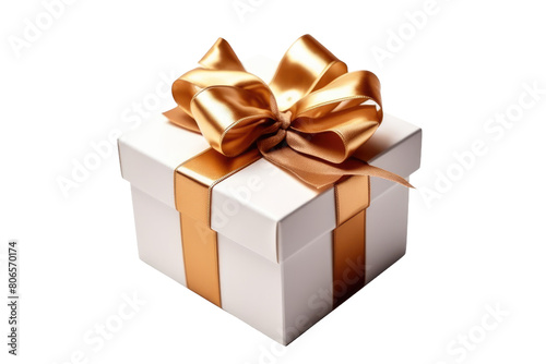 Ethereal Elegance: White Gift Box Adorned With Gold Ribbon and Bow on White or PNG Transparent Background.