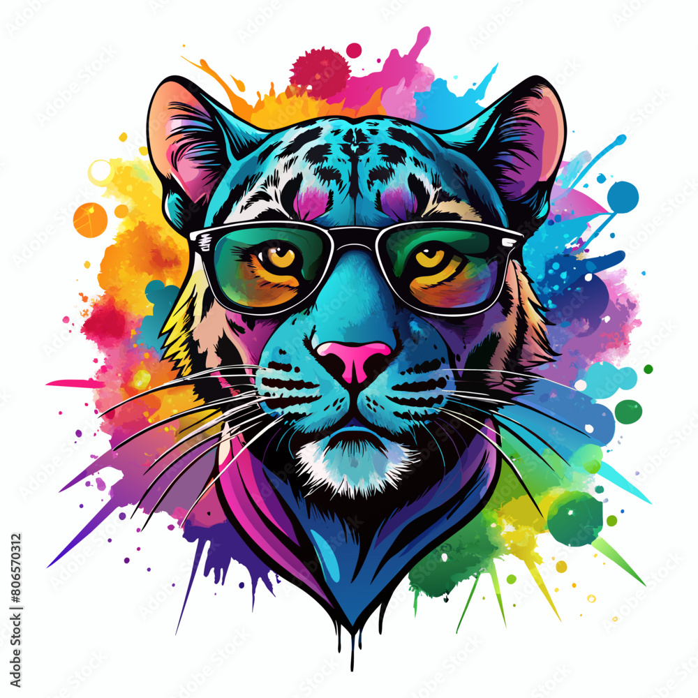 Panther Wearing Sunglasses, Vibrant Watercolor on White for T-Shirt and Storybooks