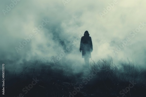A person is walking through a foggy field