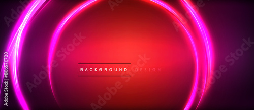 Vibrant neon circles in shades of purple, pink, violet, red, and magenta stand out on a deep red background. The automotive lightinginspired design creates a colorful and mesmerizing display