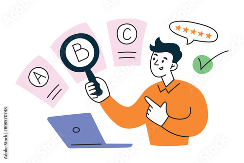 Person making a choice at work, choosing correct answer, passing test on laptop, online exam composition, cartoon man with computer, vector illustration of questionnaire on internet, distant education