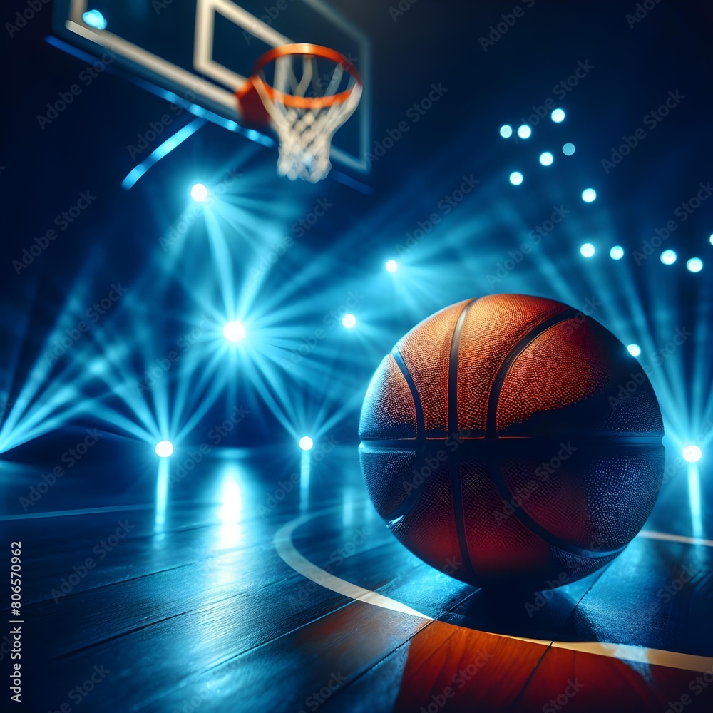 A close-up of a basketball illuminated by bright blue lights, with a basketball hoop in the background, and blue light effects scattered throughout.