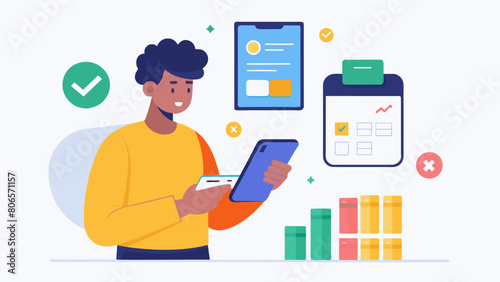 A student using a budget planning app on their phone carefully entering numbers and tracking their spending.. Vector illustration