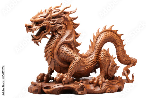 Mystical Wooden Dragon Guardian on White or PNG Transparent Background.