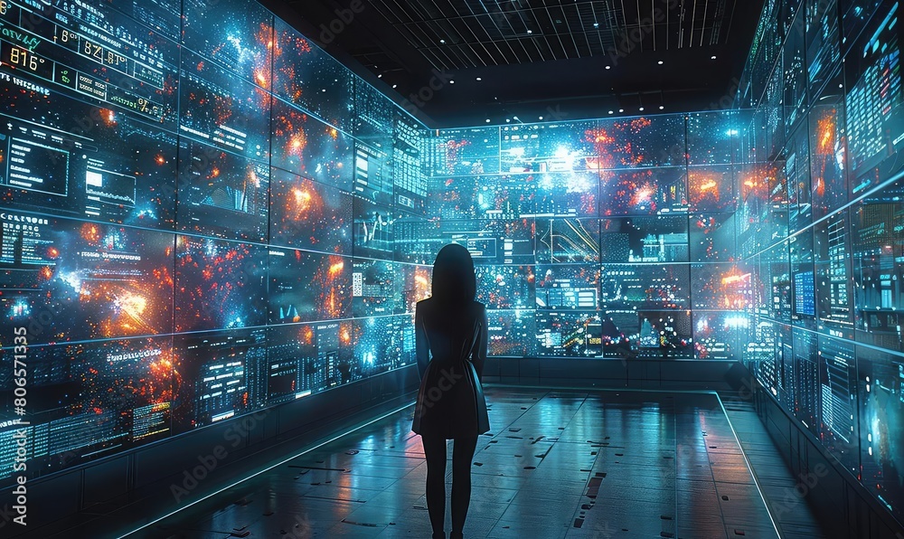 A young woman standing in a futuristic control room. She is looking at a large screen that is displaying a lot of data.