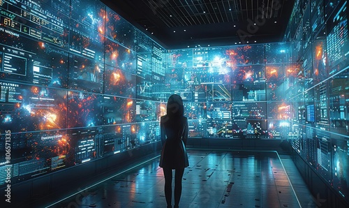 A young woman standing in a futuristic control room. She is looking at a large screen that is displaying a lot of data.