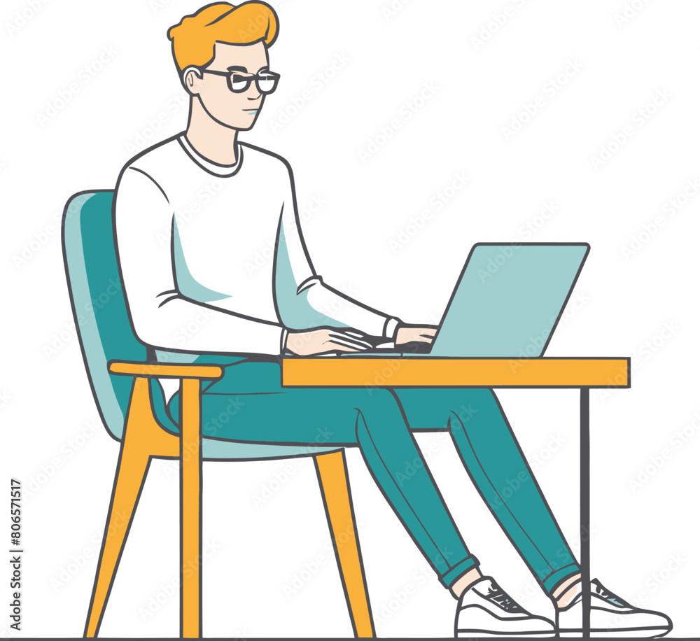 Vector illustration of a young man sitting in a chair and using a laptop on a white background Vector illustration of a young man sitting in a chair and using a laptop on a white background