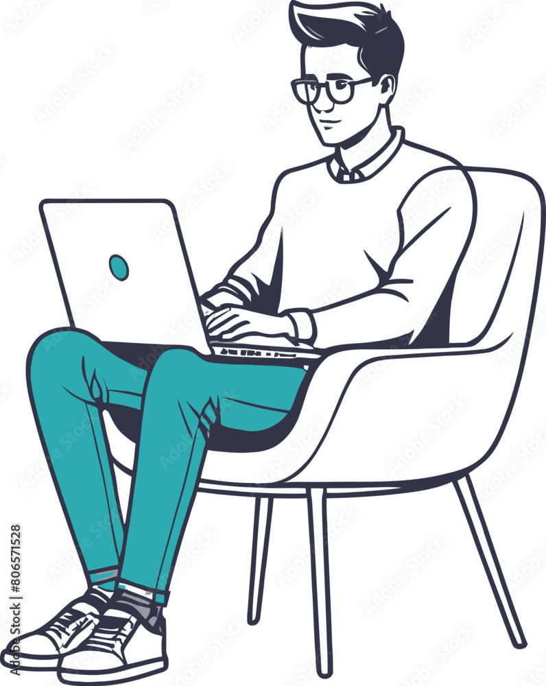 Vector illustration of a young man sitting in a chair and using a laptop on a white background Vector illustration of a young man sitting in a chair and using a laptop on a white background