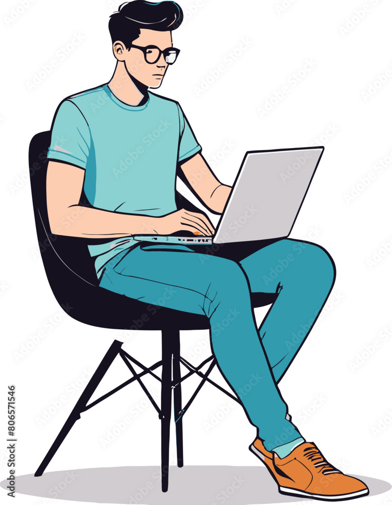 Vector illustration of a young man sitting in a chair and using a laptop on a white background Vector illustration of a young man sitting in a chair and using a laptop on a white background