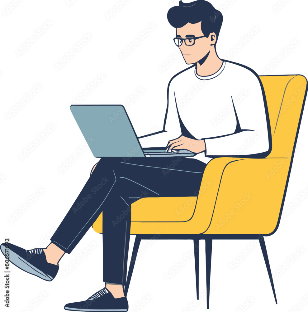 Vector illustration of a young man sitting in a chair and using a laptop on a white background Vector illustration of a young man sitting in a chair and using a laptop on a white background